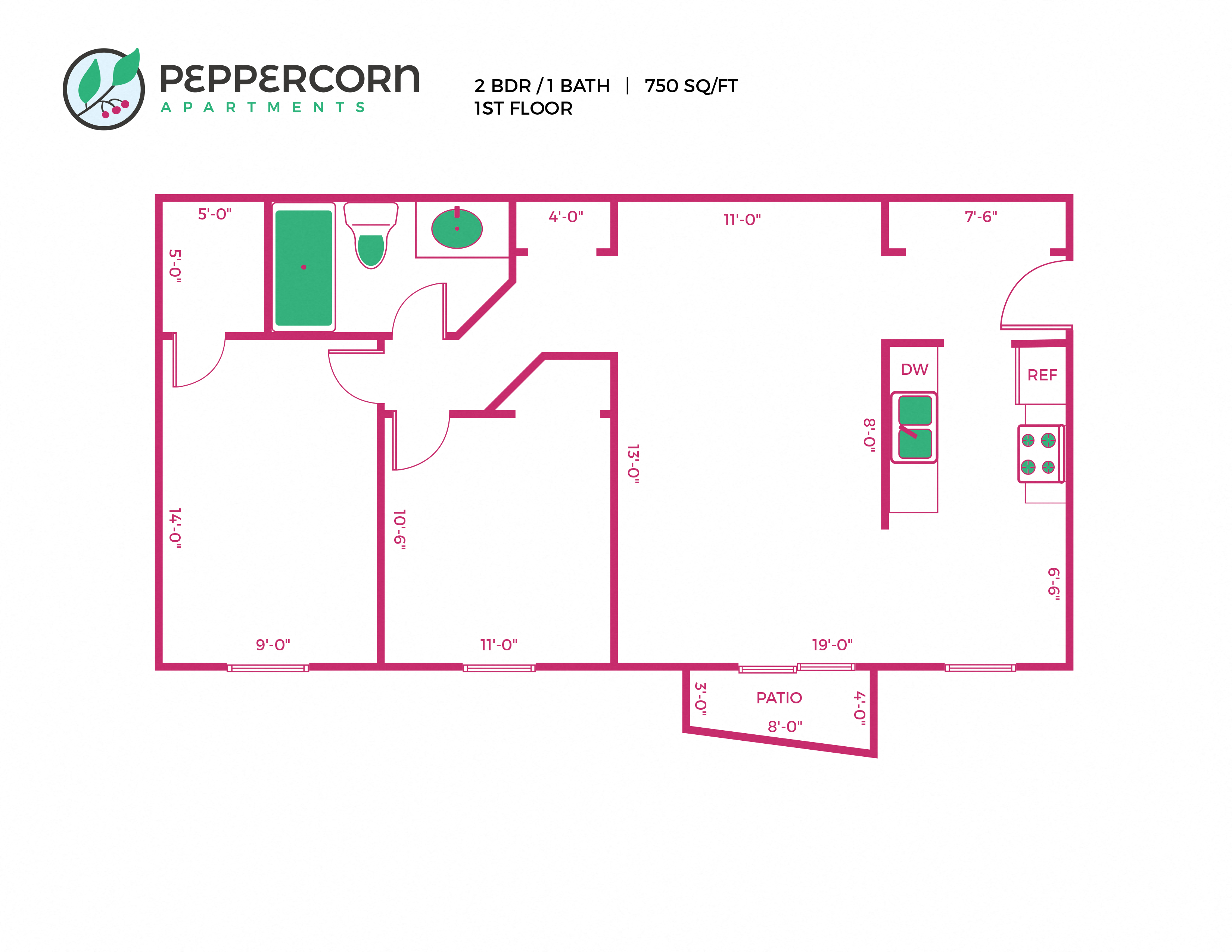 Floor plan for 2 beds, 1 bath, 751 sqft